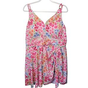 Bloomchic Floral V-Neck Swim Dress One Piece Swimsuit w/ Side Tie Sz 18-20 C672